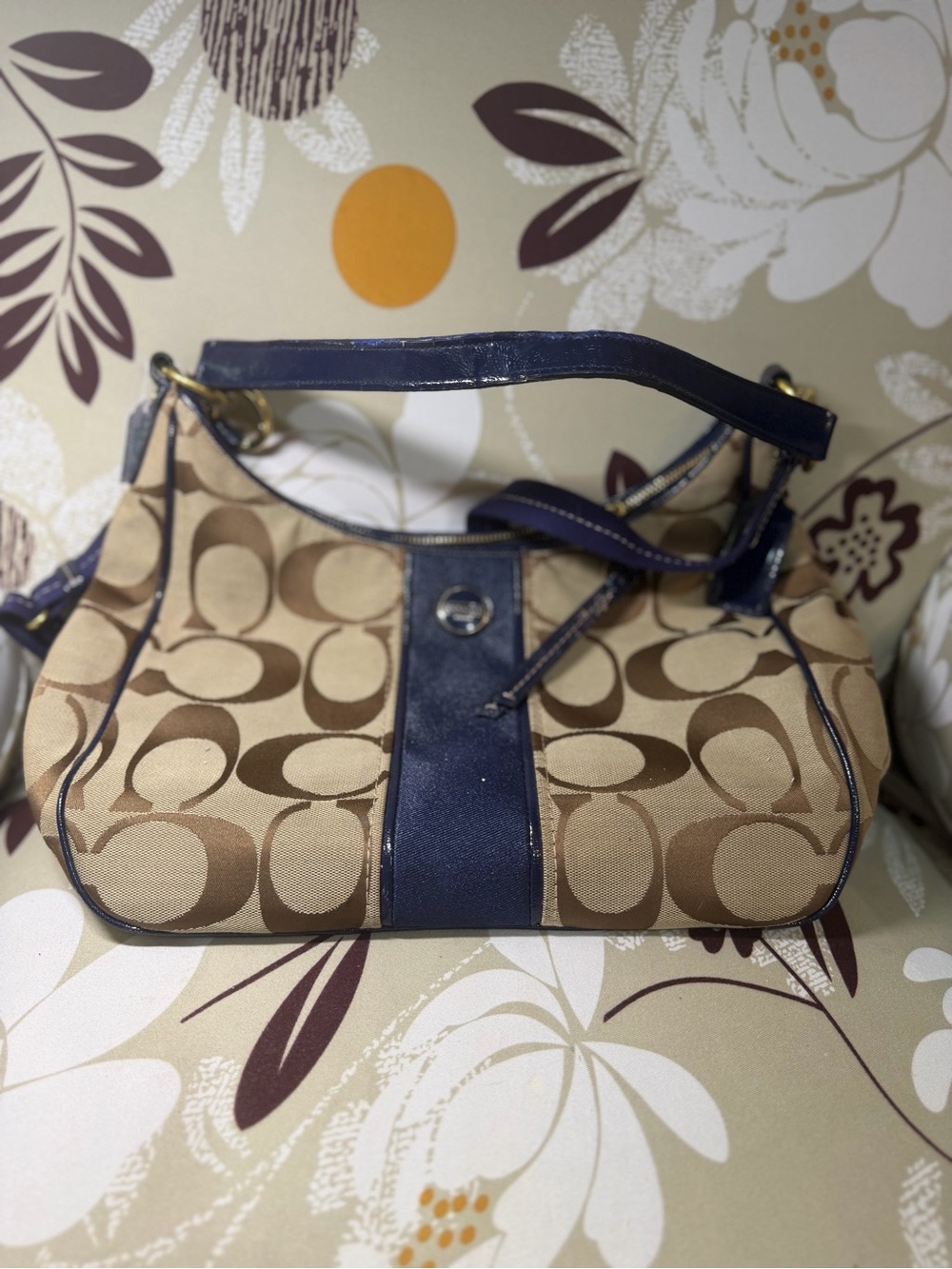 Coach Tan Signature Canvas Shoulder Bag with Navy Trim